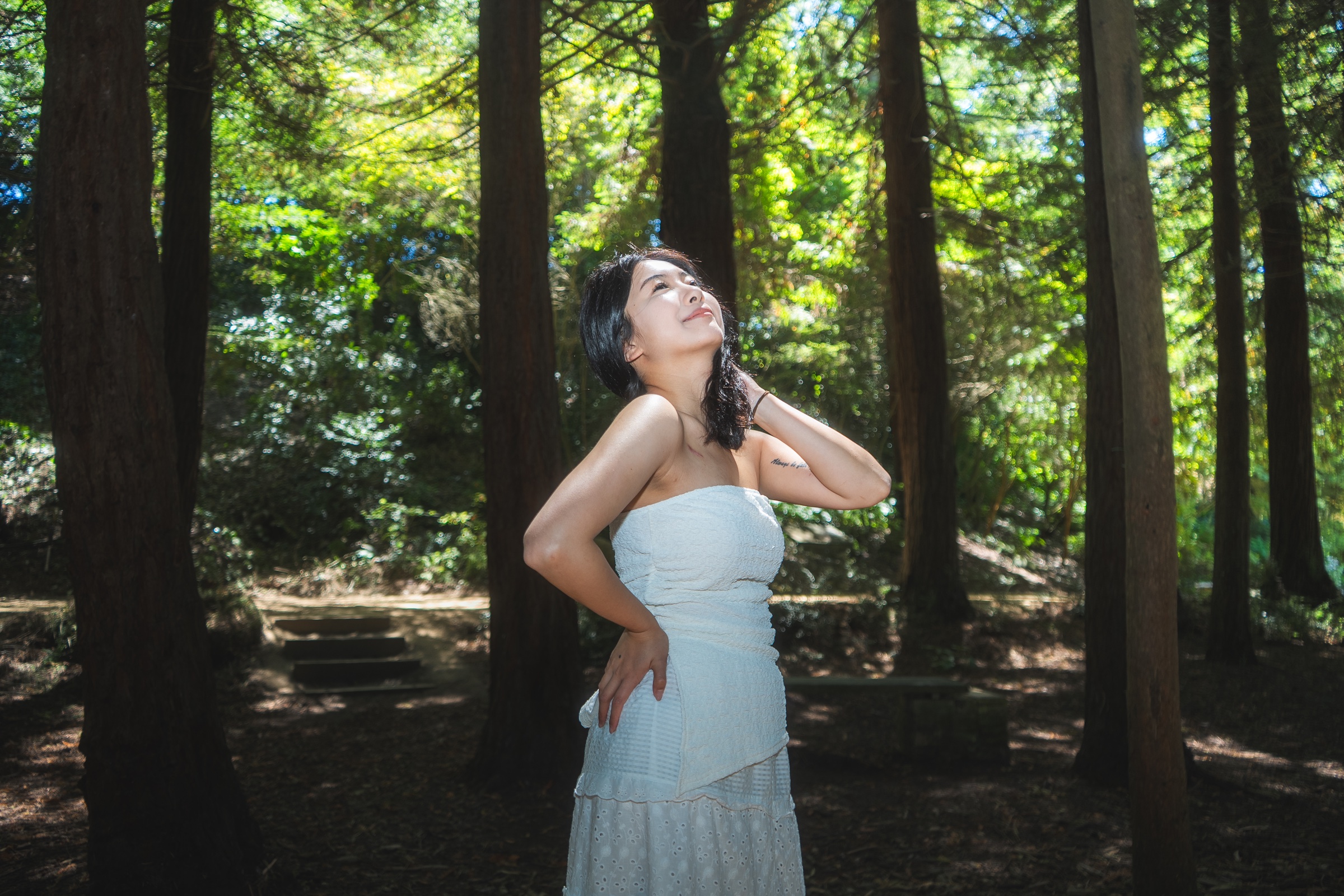 Woman in a white dress looking upward as sunlight falls through a redwood grove.