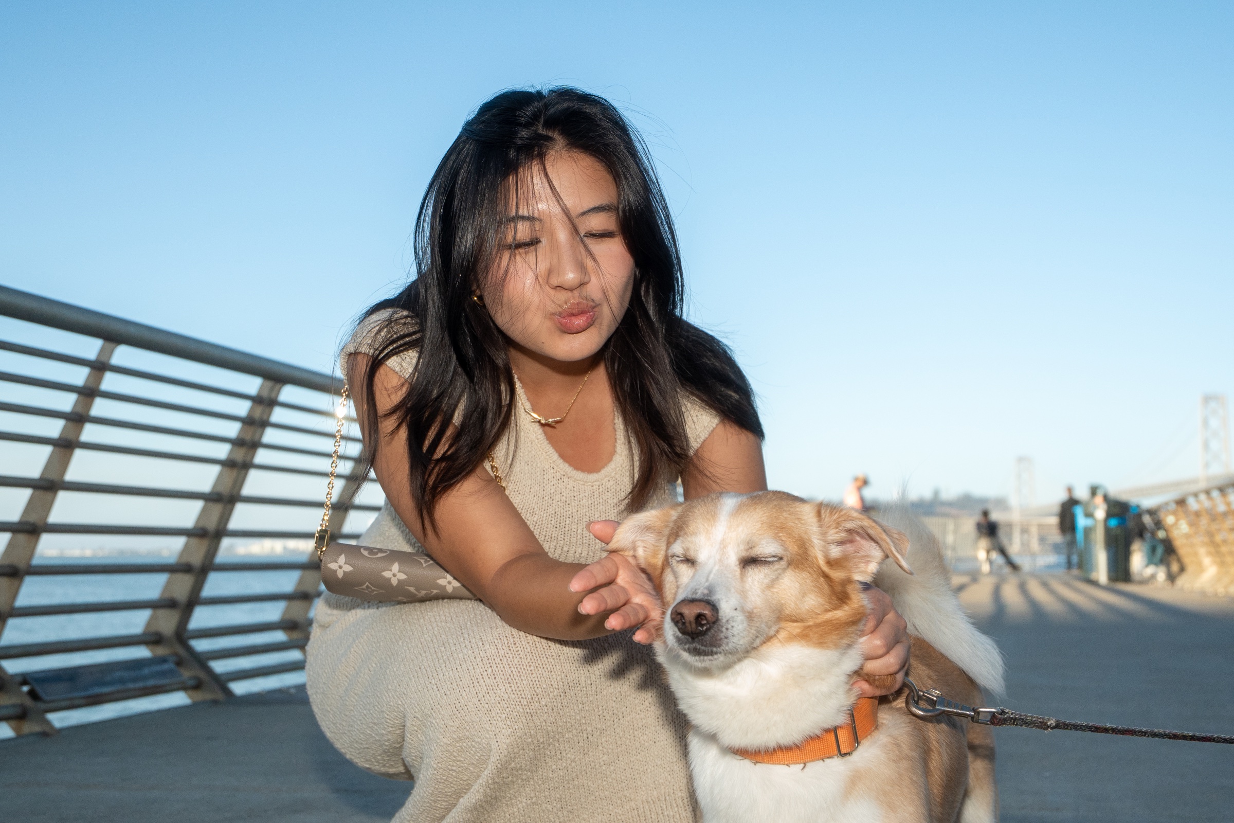 Woman crouching beside a relaxed dog on the San Francisco waterfront in bright afternoon light.